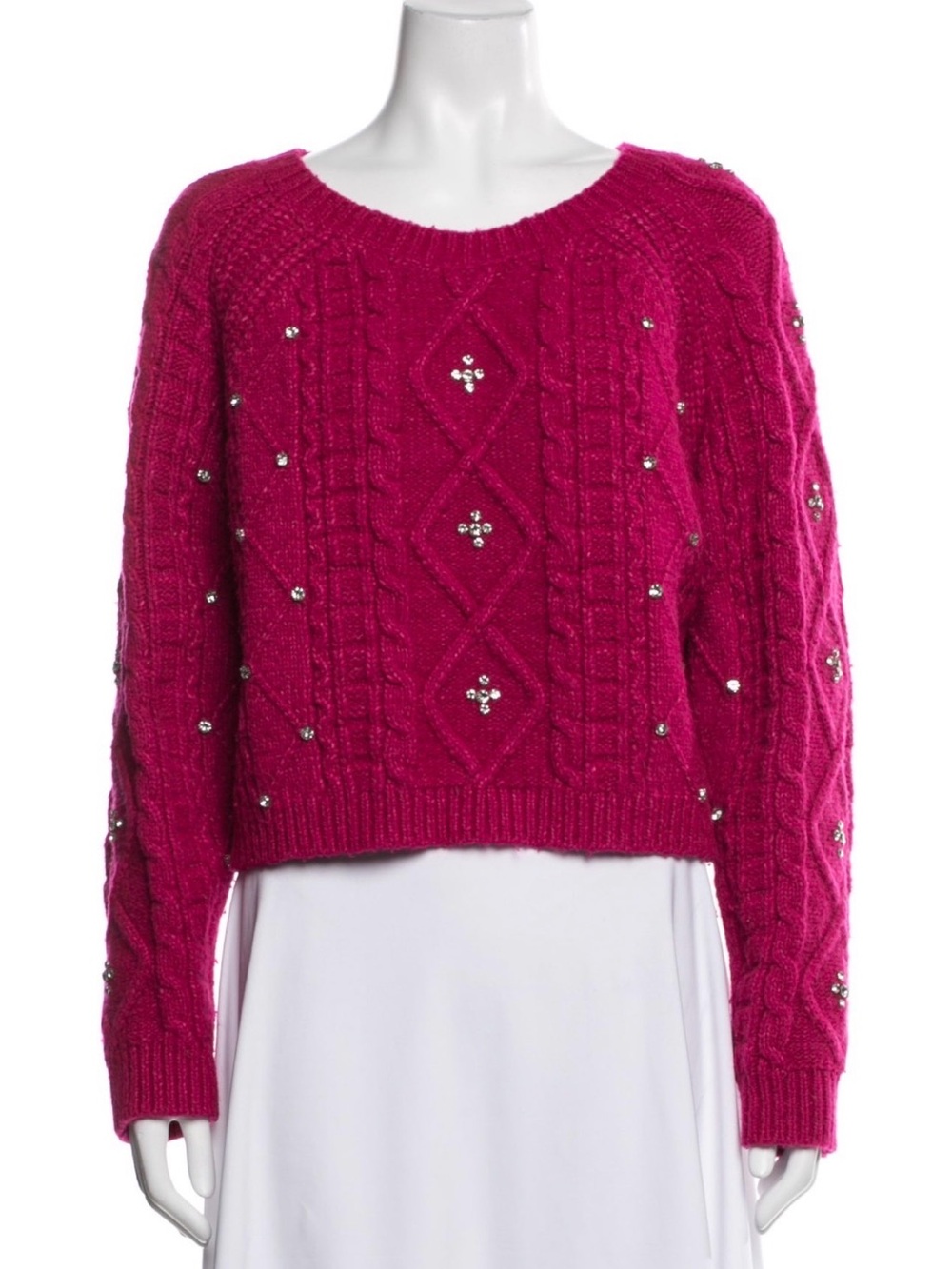 Astr Embellished Cable-Knit Hot Pink Crewneck Sweater